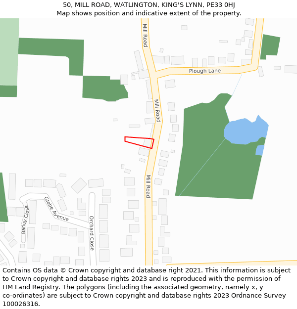 50, MILL ROAD, WATLINGTON, KING'S LYNN, PE33 0HJ: Location map and indicative extent of plot