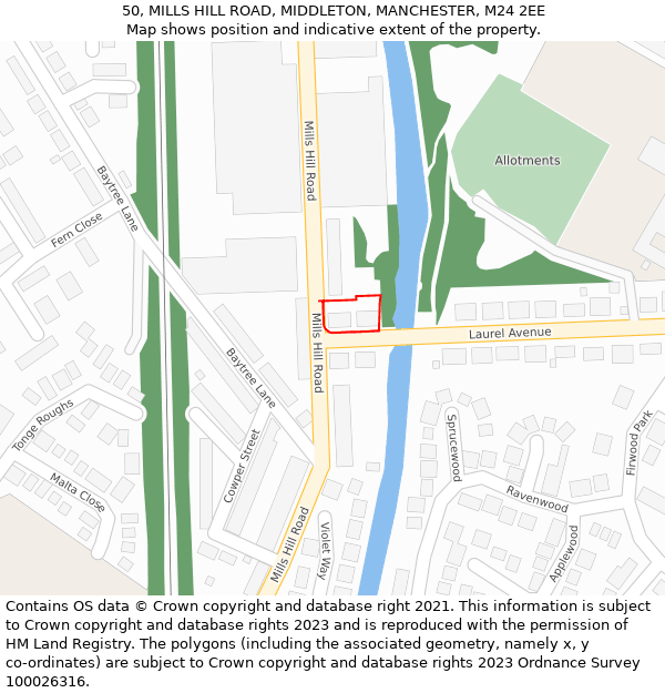 50, MILLS HILL ROAD, MIDDLETON, MANCHESTER, M24 2EE: Location map and indicative extent of plot