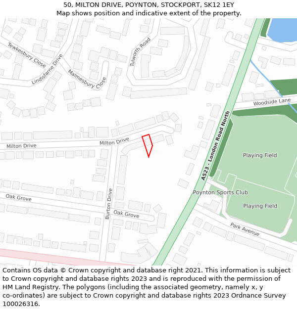 50, MILTON DRIVE, POYNTON, STOCKPORT, SK12 1EY: Location map and indicative extent of plot