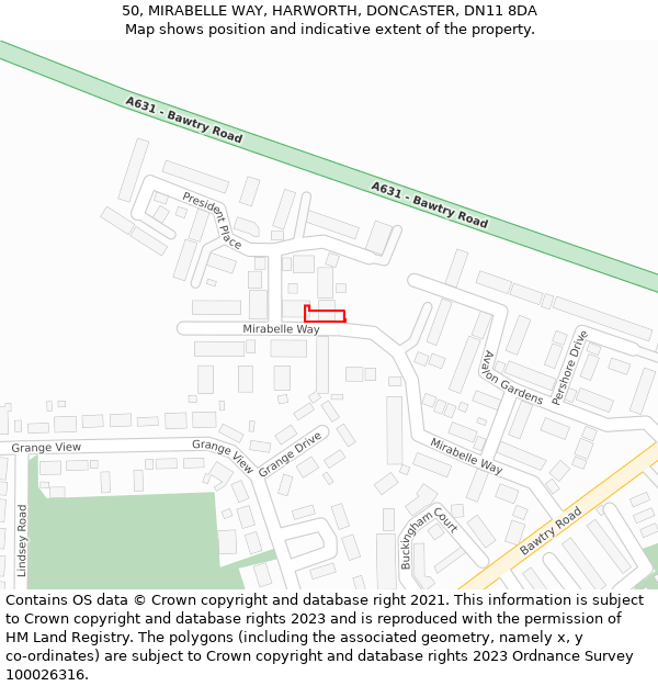 50, MIRABELLE WAY, HARWORTH, DONCASTER, DN11 8DA: Location map and indicative extent of plot