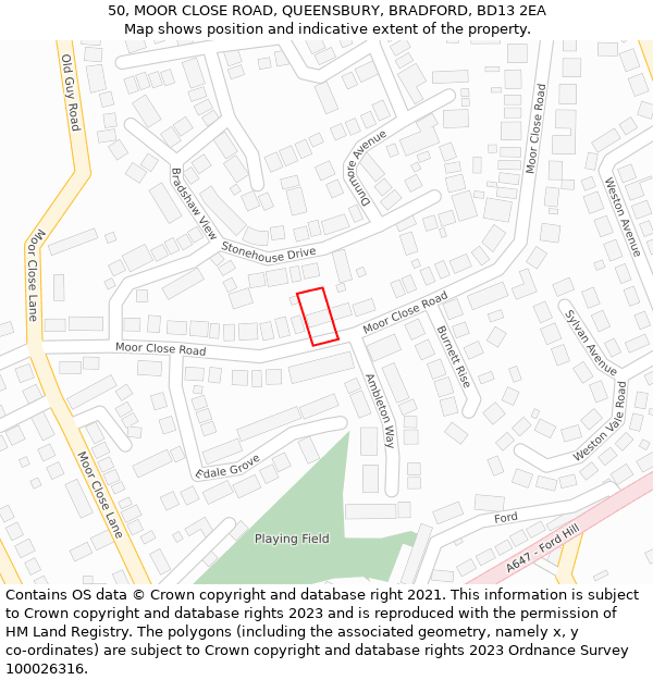 50, MOOR CLOSE ROAD, QUEENSBURY, BRADFORD, BD13 2EA: Location map and indicative extent of plot