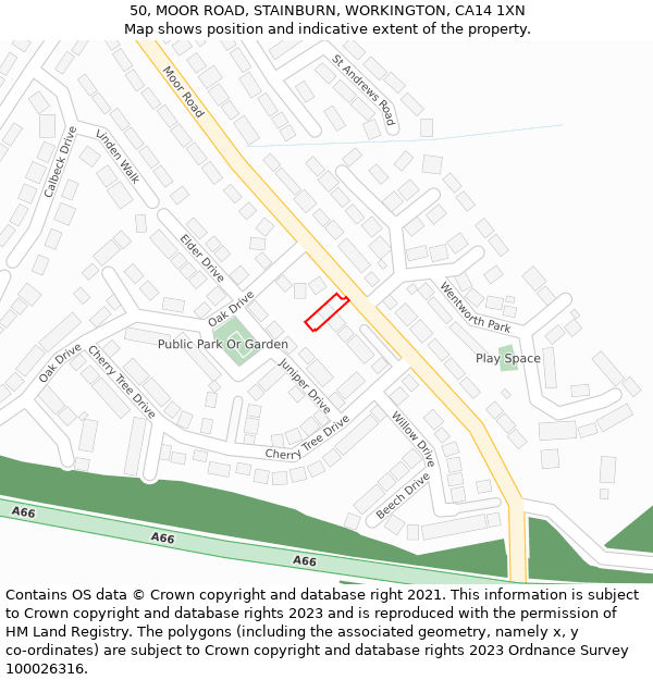 50, MOOR ROAD, STAINBURN, WORKINGTON, CA14 1XN: Location map and indicative extent of plot