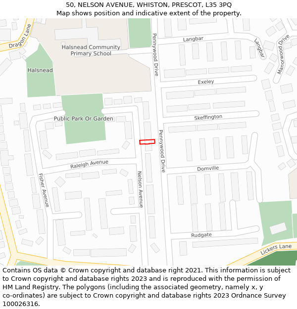 50, NELSON AVENUE, WHISTON, PRESCOT, L35 3PQ: Location map and indicative extent of plot