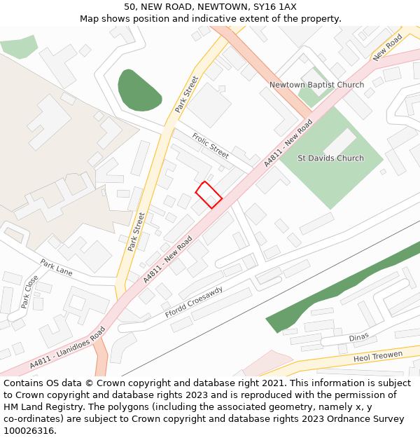 50, NEW ROAD, NEWTOWN, SY16 1AX: Location map and indicative extent of plot