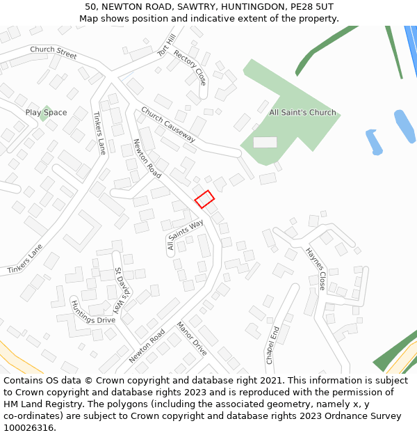 50, NEWTON ROAD, SAWTRY, HUNTINGDON, PE28 5UT: Location map and indicative extent of plot