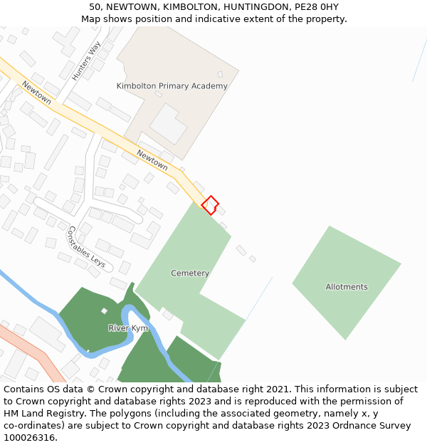 50, NEWTOWN, KIMBOLTON, HUNTINGDON, PE28 0HY: Location map and indicative extent of plot