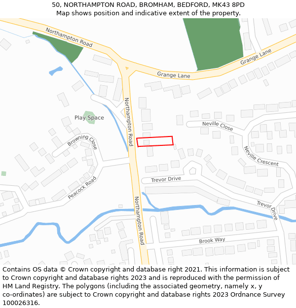 50, NORTHAMPTON ROAD, BROMHAM, BEDFORD, MK43 8PD: Location map and indicative extent of plot