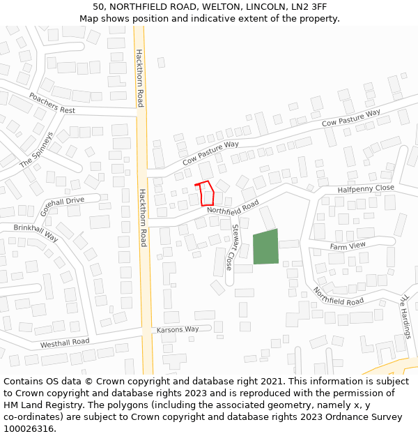 50, NORTHFIELD ROAD, WELTON, LINCOLN, LN2 3FF: Location map and indicative extent of plot