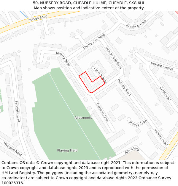 50, NURSERY ROAD, CHEADLE HULME, CHEADLE, SK8 6HL: Location map and indicative extent of plot