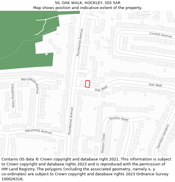 50, OAK WALK, HOCKLEY, SS5 5AR: Location map and indicative extent of plot