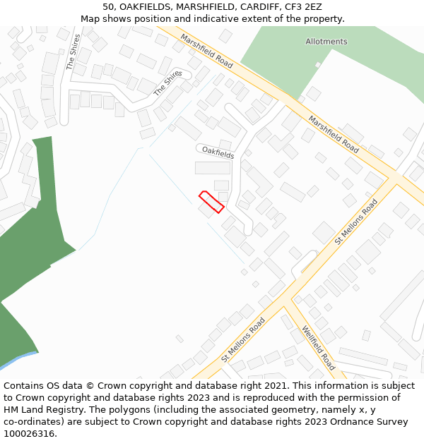 50, OAKFIELDS, MARSHFIELD, CARDIFF, CF3 2EZ: Location map and indicative extent of plot