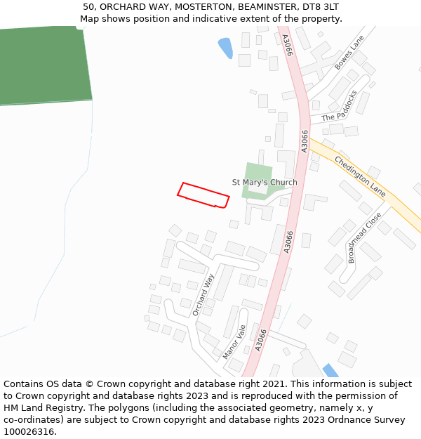 50, ORCHARD WAY, MOSTERTON, BEAMINSTER, DT8 3LT: Location map and indicative extent of plot