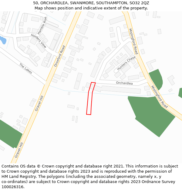 50, ORCHARDLEA, SWANMORE, SOUTHAMPTON, SO32 2QZ: Location map and indicative extent of plot