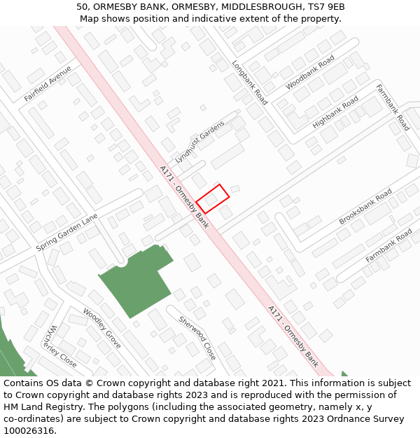 50, ORMESBY BANK, ORMESBY, MIDDLESBROUGH, TS7 9EB: Location map and indicative extent of plot