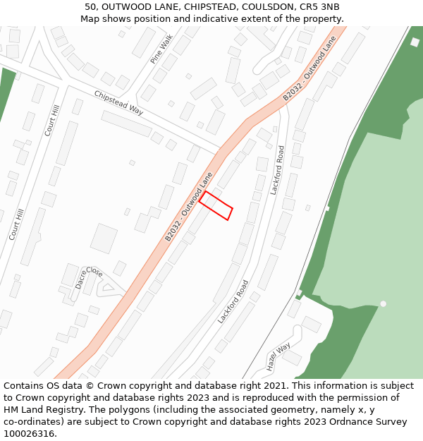 50, OUTWOOD LANE, CHIPSTEAD, COULSDON, CR5 3NB: Location map and indicative extent of plot