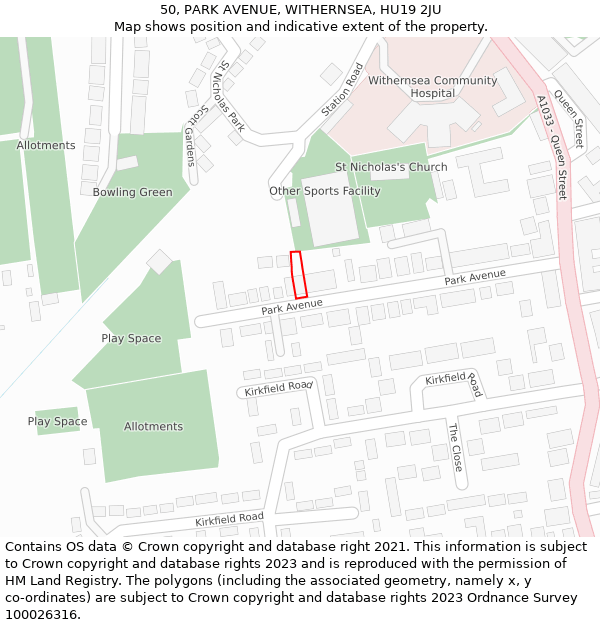 50, PARK AVENUE, WITHERNSEA, HU19 2JU: Location map and indicative extent of plot