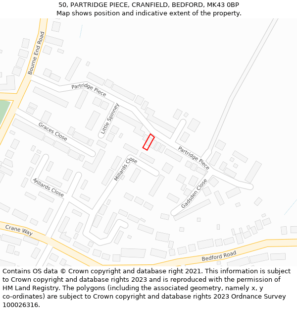 50, PARTRIDGE PIECE, CRANFIELD, BEDFORD, MK43 0BP: Location map and indicative extent of plot