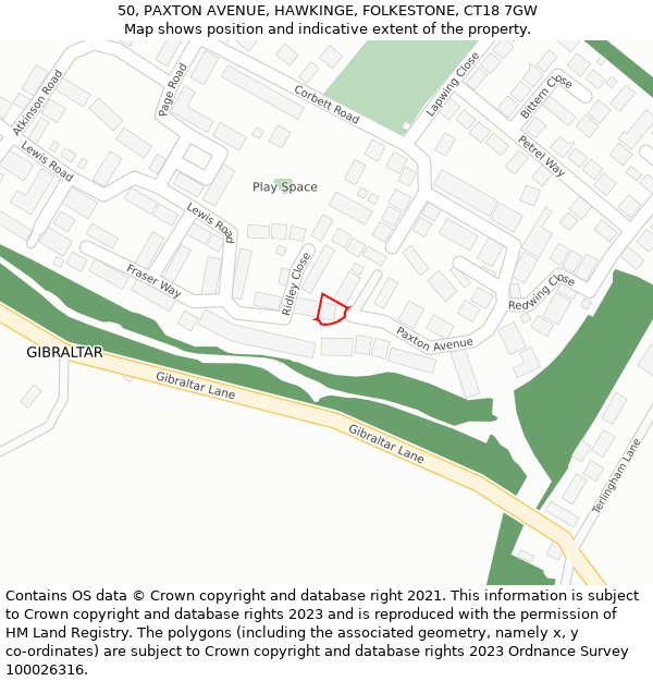 50, PAXTON AVENUE, HAWKINGE, FOLKESTONE, CT18 7GW: Location map and indicative extent of plot