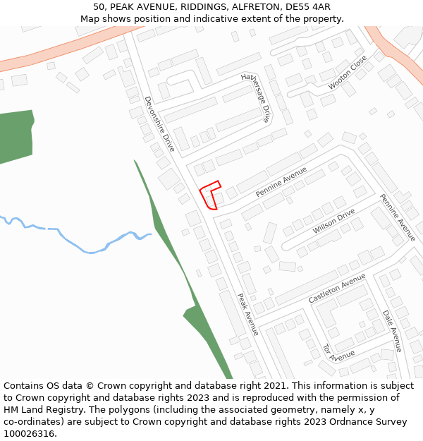 50, PEAK AVENUE, RIDDINGS, ALFRETON, DE55 4AR: Location map and indicative extent of plot