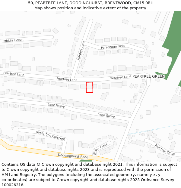 50, PEARTREE LANE, DODDINGHURST, BRENTWOOD, CM15 0RH: Location map and indicative extent of plot