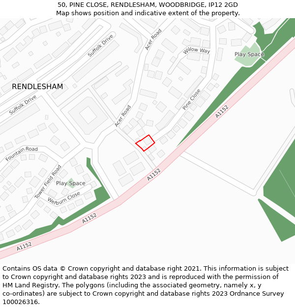 50, PINE CLOSE, RENDLESHAM, WOODBRIDGE, IP12 2GD: Location map and indicative extent of plot