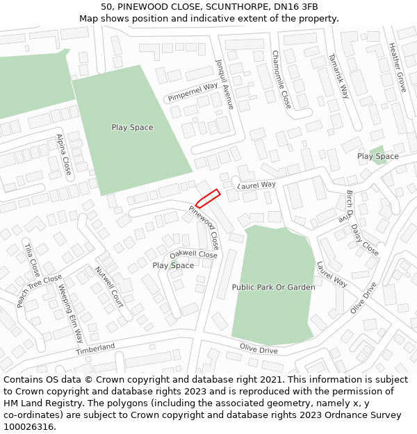 50, PINEWOOD CLOSE, SCUNTHORPE, DN16 3FB: Location map and indicative extent of plot