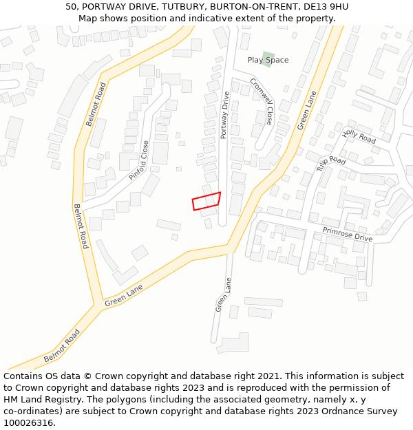 50, PORTWAY DRIVE, TUTBURY, BURTON-ON-TRENT, DE13 9HU: Location map and indicative extent of plot