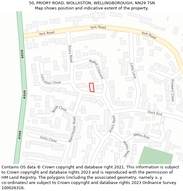 50, PRIORY ROAD, WOLLASTON, WELLINGBOROUGH, NN29 7SN: Location map and indicative extent of plot