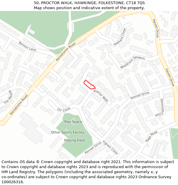 50, PROCTOR WALK, HAWKINGE, FOLKESTONE, CT18 7QS: Location map and indicative extent of plot