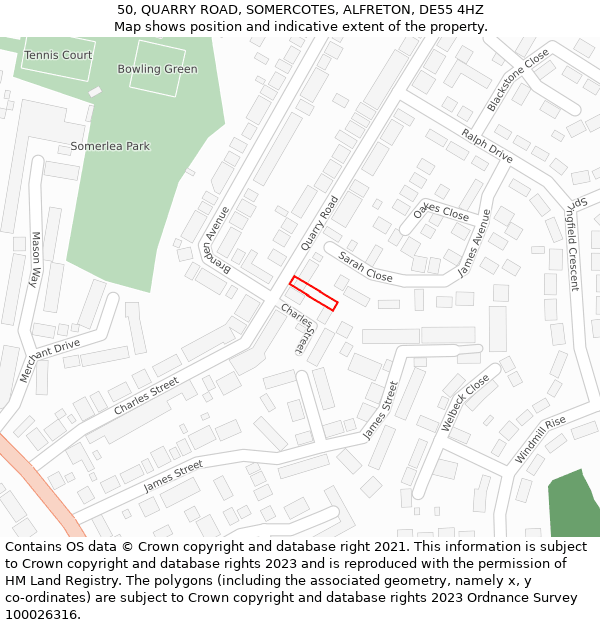 50, QUARRY ROAD, SOMERCOTES, ALFRETON, DE55 4HZ: Location map and indicative extent of plot