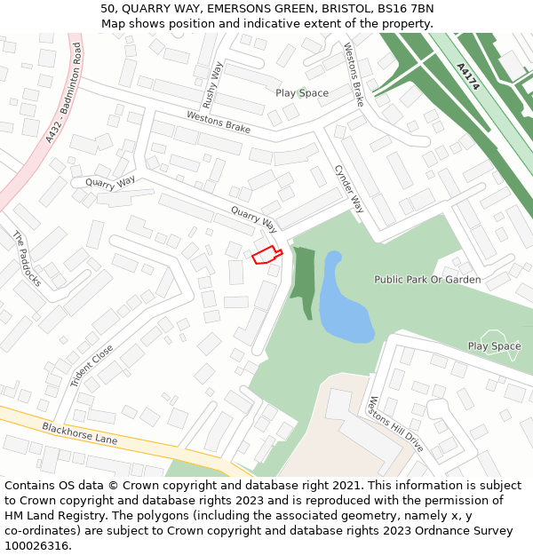 50, QUARRY WAY, EMERSONS GREEN, BRISTOL, BS16 7BN: Location map and indicative extent of plot