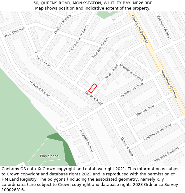 50, QUEENS ROAD, MONKSEATON, WHITLEY BAY, NE26 3BB: Location map and indicative extent of plot
