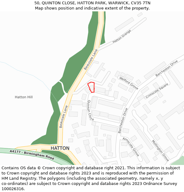 50, QUINTON CLOSE, HATTON PARK, WARWICK, CV35 7TN: Location map and indicative extent of plot