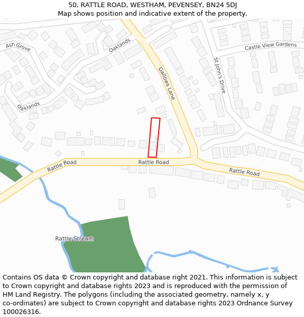 50, RATTLE ROAD, WESTHAM, PEVENSEY, BN24 5DJ: Location map and indicative extent of plot