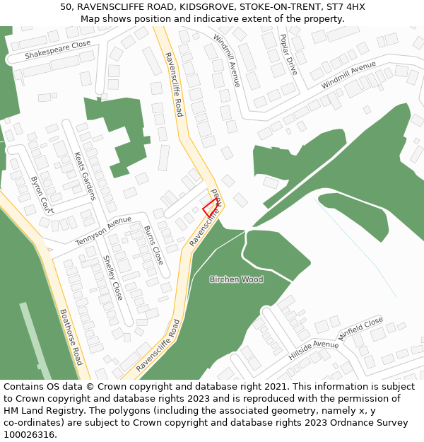 50, RAVENSCLIFFE ROAD, KIDSGROVE, STOKE-ON-TRENT, ST7 4HX: Location map and indicative extent of plot