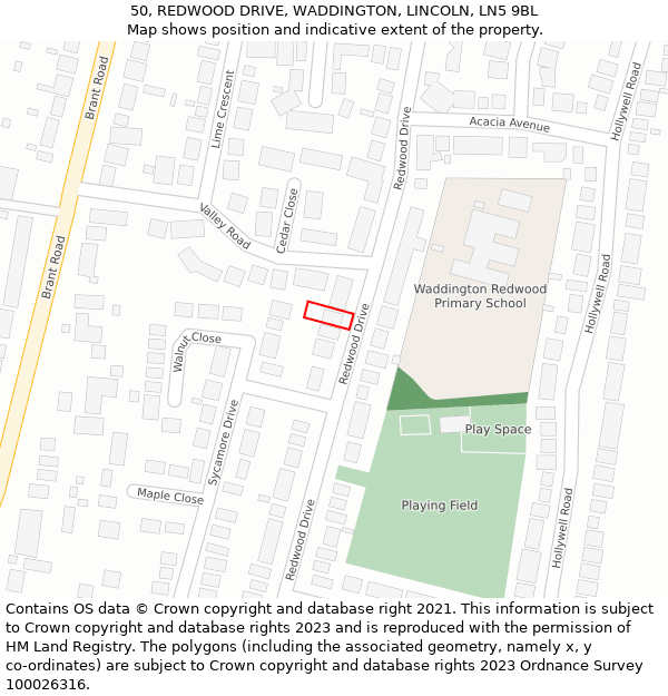 50, REDWOOD DRIVE, WADDINGTON, LINCOLN, LN5 9BL: Location map and indicative extent of plot