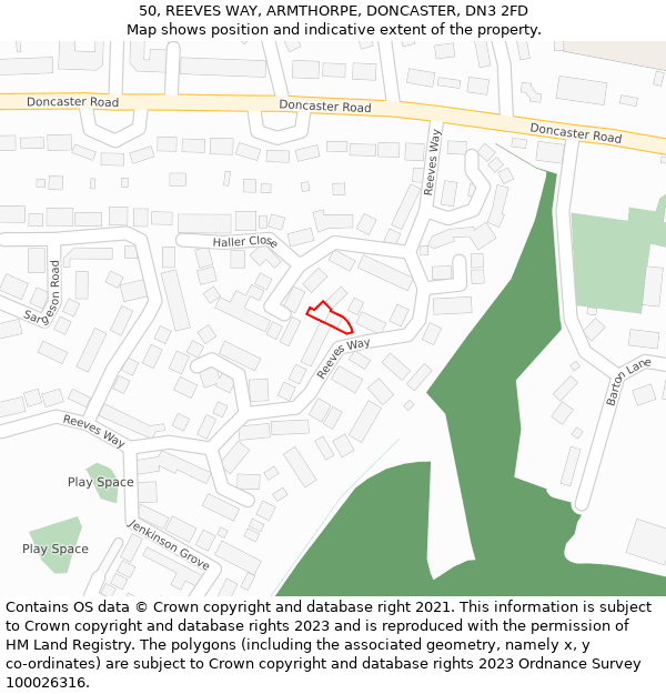 50, REEVES WAY, ARMTHORPE, DONCASTER, DN3 2FD: Location map and indicative extent of plot