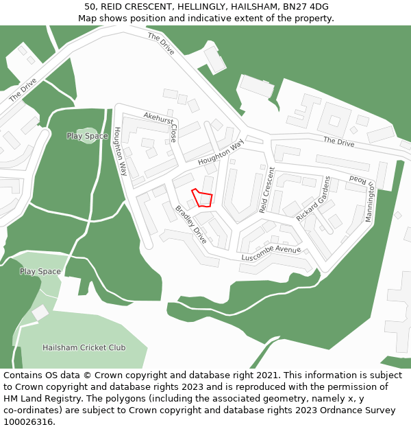 50, REID CRESCENT, HELLINGLY, HAILSHAM, BN27 4DG: Location map and indicative extent of plot