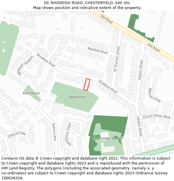 50, RHODESIA ROAD, CHESTERFIELD, S40 3AL: Location map and indicative extent of plot