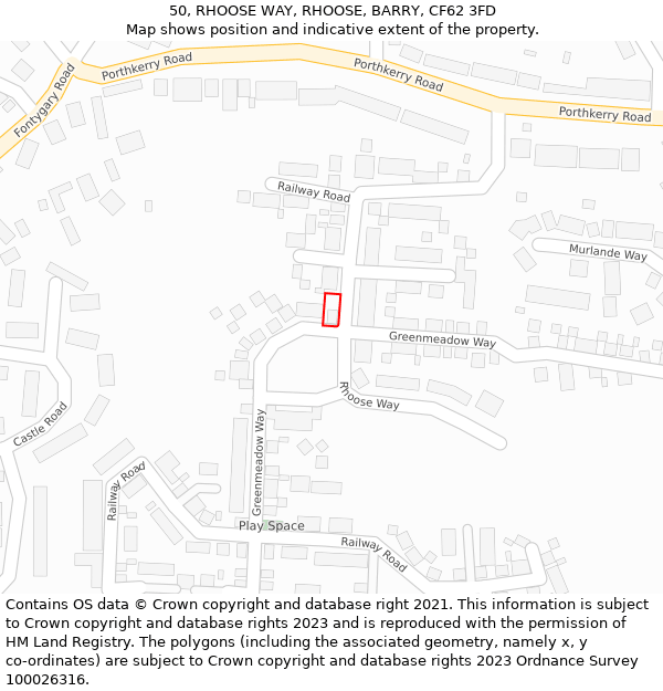 50, RHOOSE WAY, RHOOSE, BARRY, CF62 3FD: Location map and indicative extent of plot