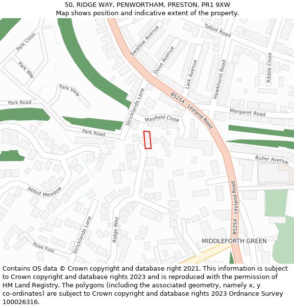 50, RIDGE WAY, PENWORTHAM, PRESTON, PR1 9XW: Location map and indicative extent of plot