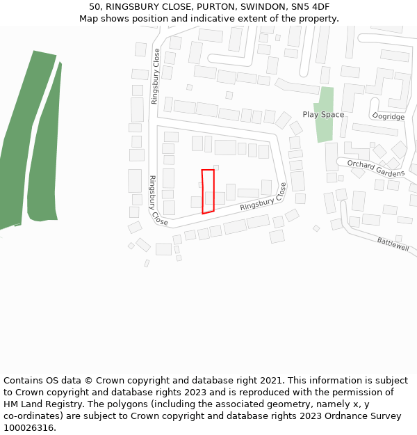 50, RINGSBURY CLOSE, PURTON, SWINDON, SN5 4DF: Location map and indicative extent of plot