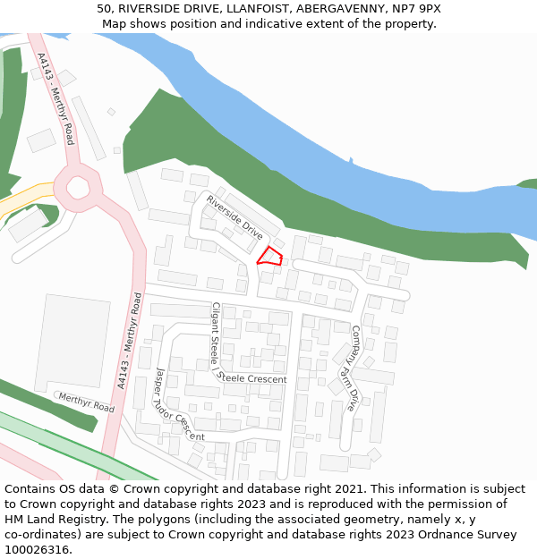 50, RIVERSIDE DRIVE, LLANFOIST, ABERGAVENNY, NP7 9PX: Location map and indicative extent of plot