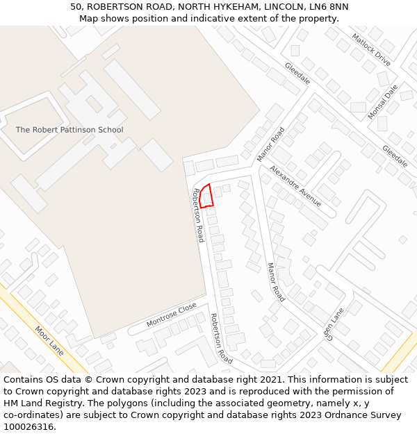 50, ROBERTSON ROAD, NORTH HYKEHAM, LINCOLN, LN6 8NN: Location map and indicative extent of plot