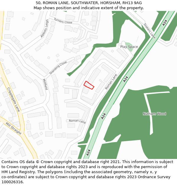 50, ROMAN LANE, SOUTHWATER, HORSHAM, RH13 9AG: Location map and indicative extent of plot