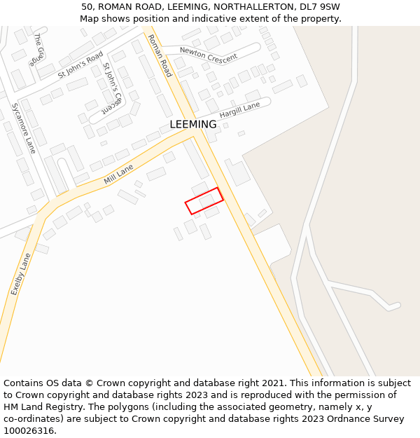 50, ROMAN ROAD, LEEMING, NORTHALLERTON, DL7 9SW: Location map and indicative extent of plot