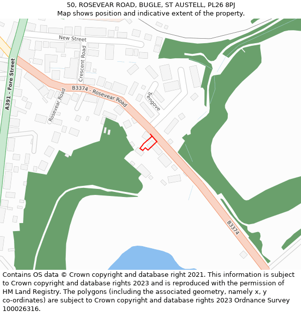 50, ROSEVEAR ROAD, BUGLE, ST AUSTELL, PL26 8PJ: Location map and indicative extent of plot