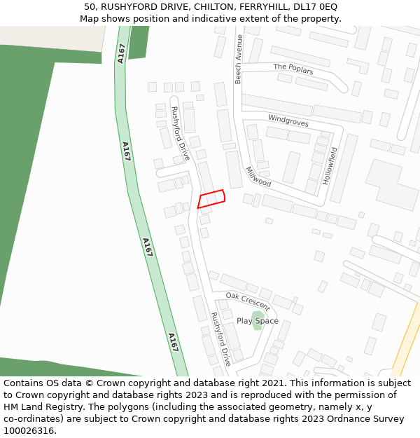 50, RUSHYFORD DRIVE, CHILTON, FERRYHILL, DL17 0EQ: Location map and indicative extent of plot