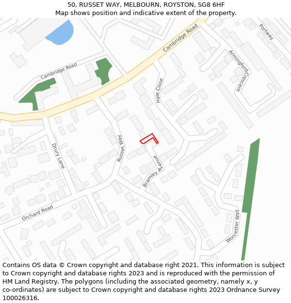 50, RUSSET WAY, MELBOURN, ROYSTON, SG8 6HF: Location map and indicative extent of plot