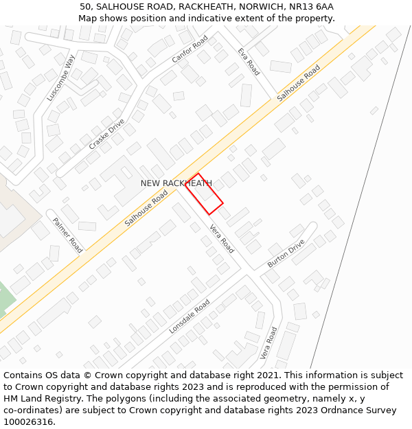 50, SALHOUSE ROAD, RACKHEATH, NORWICH, NR13 6AA: Location map and indicative extent of plot